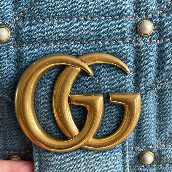 ❌SOLD❌Gucci GG Marmont Denim Pearl Small Flap Bag - Picture 10 of 14